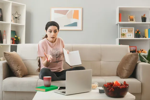 confused-young-girl-holding-notebook-sitting-sofa-coffee-table-looking-laptop-living-room_141793-122737.webp
